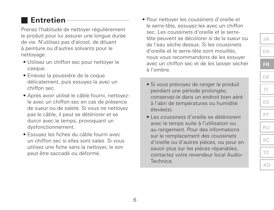 Entretien | Audio-Technica ATH-AWKT Audiophile Closed-Back Dynamic Wooden Headphones (Striped Ebony) User Manual | Page 25 / 94