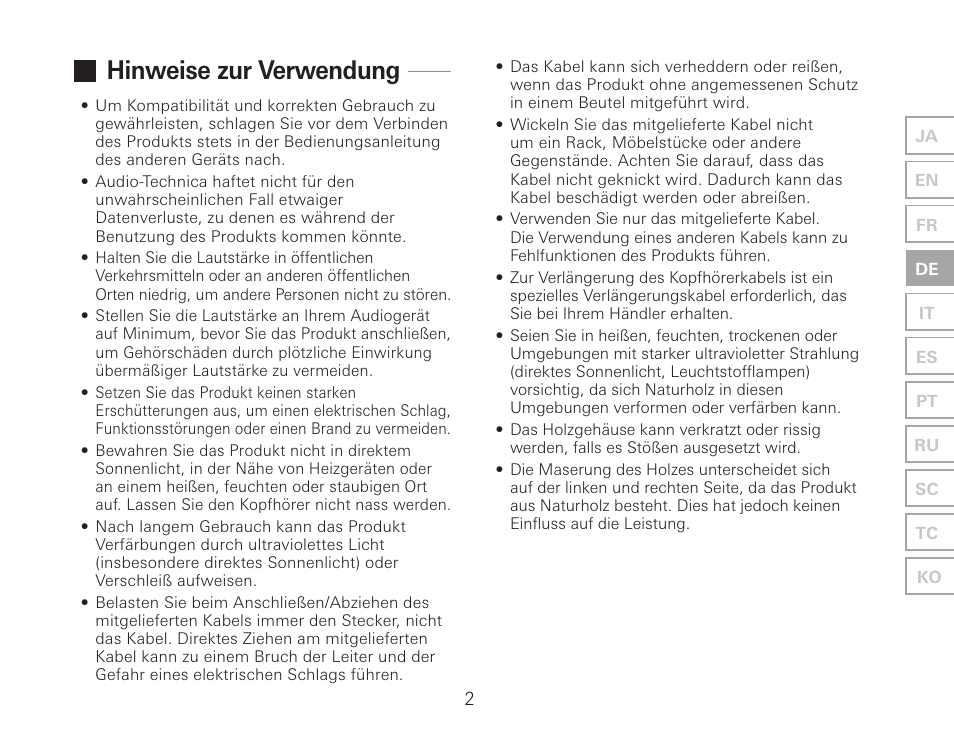 Hinweise zur verwendung | Audio-Technica ATH-AWKT Audiophile Closed-Back Dynamic Wooden Headphones (Striped Ebony) User Manual | Page 29 / 94