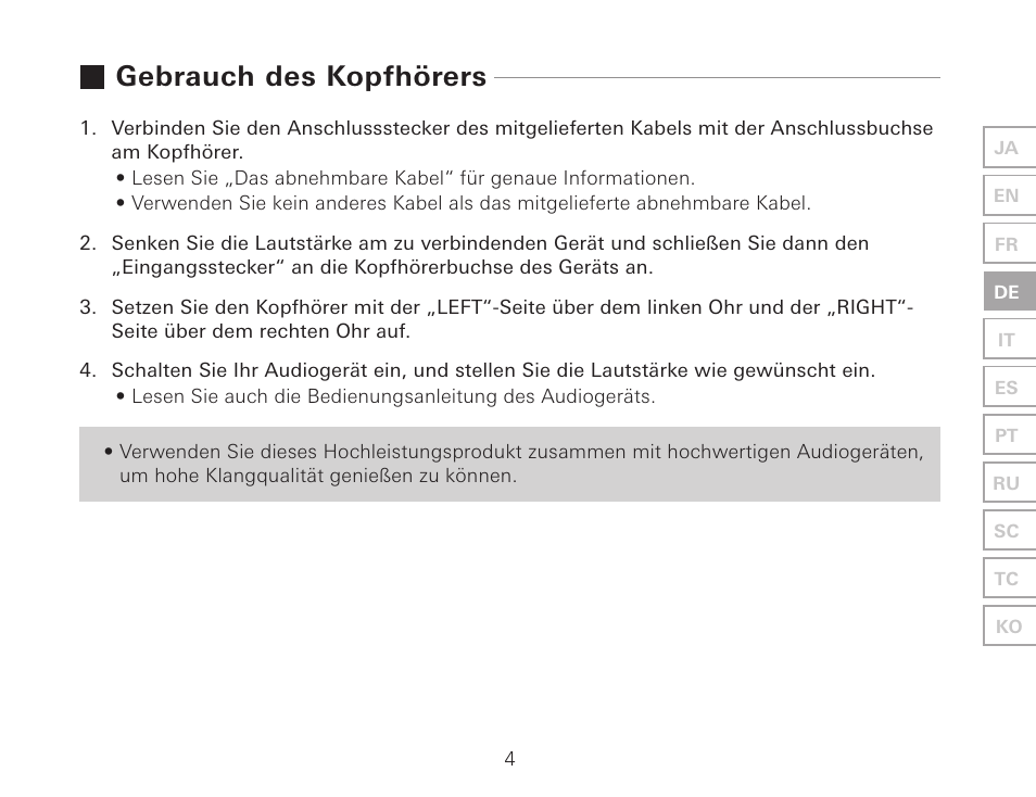 Gebrauch des kopfhörers | Audio-Technica ATH-AWKT Audiophile Closed-Back Dynamic Wooden Headphones (Striped Ebony) User Manual | Page 31 / 94