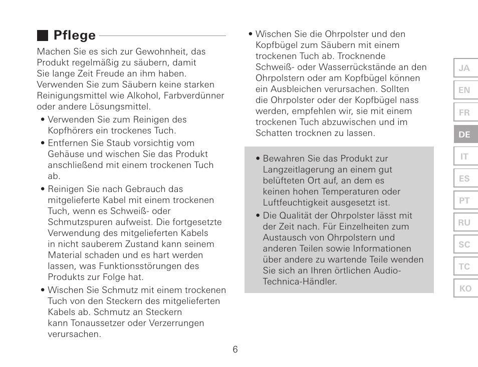 Pflege | Audio-Technica ATH-AWKT Audiophile Closed-Back Dynamic Wooden Headphones (Striped Ebony) User Manual | Page 33 / 94