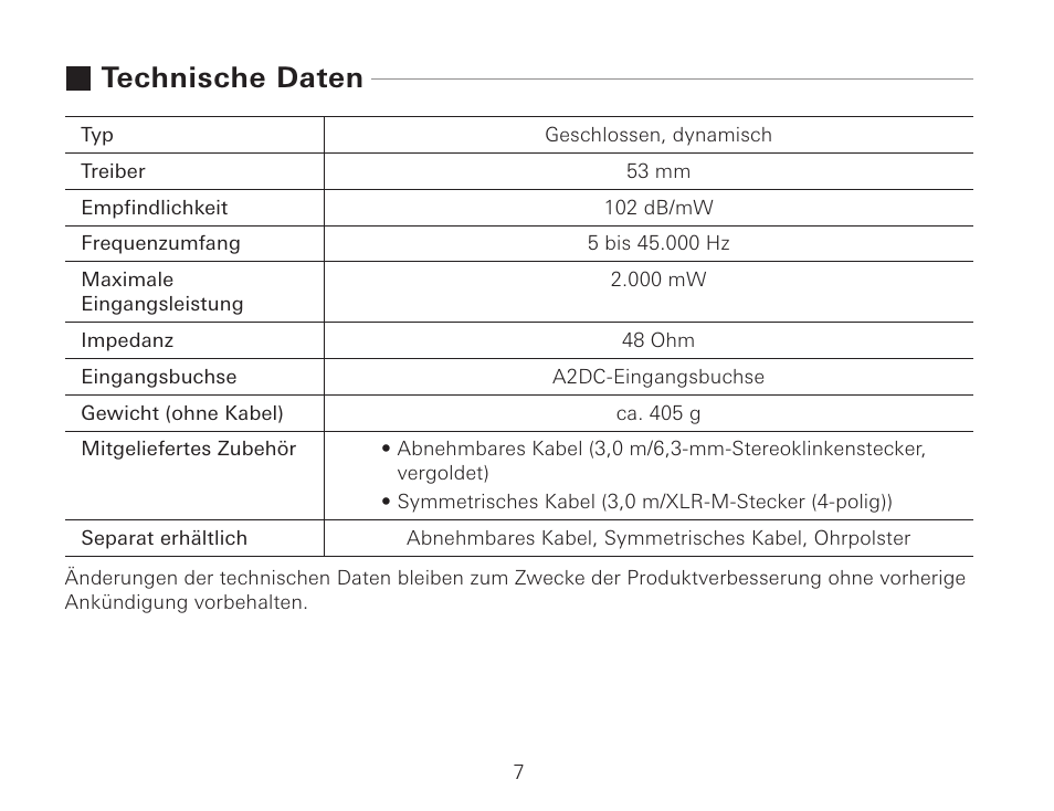 Technische daten | Audio-Technica ATH-AWKT Audiophile Closed-Back Dynamic Wooden Headphones (Striped Ebony) User Manual | Page 34 / 94