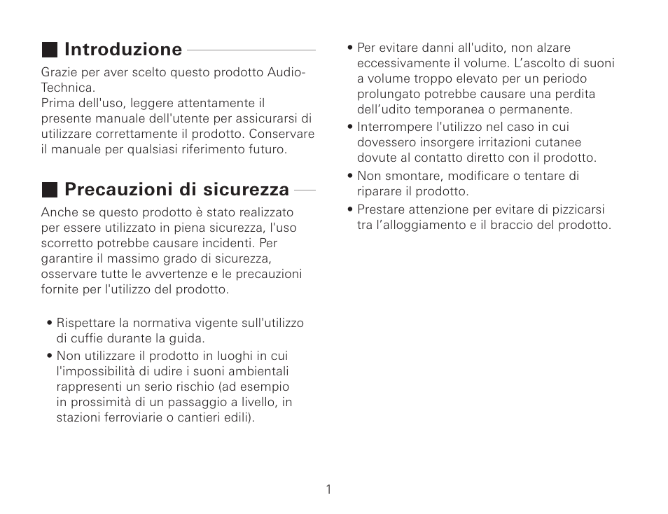 Introduzione, Precauzioni di sicurezza | Audio-Technica ATH-AWKT Audiophile Closed-Back Dynamic Wooden Headphones (Striped Ebony) User Manual | Page 36 / 94