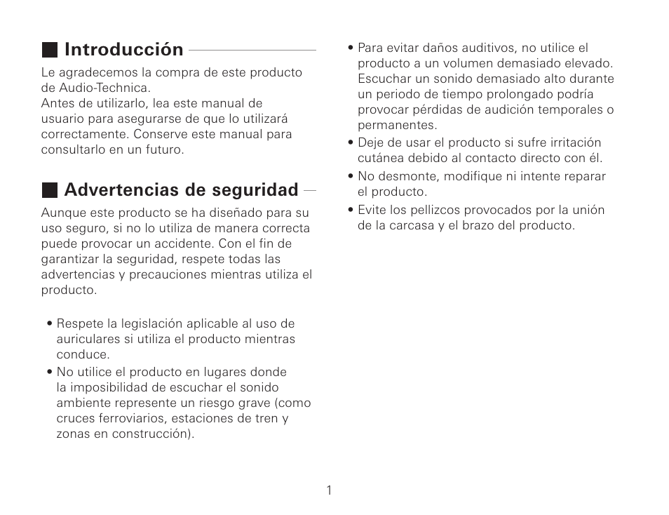 Introducción, Advertencias de seguridad | Audio-Technica ATH-AWKT Audiophile Closed-Back Dynamic Wooden Headphones (Striped Ebony) User Manual | Page 44 / 94