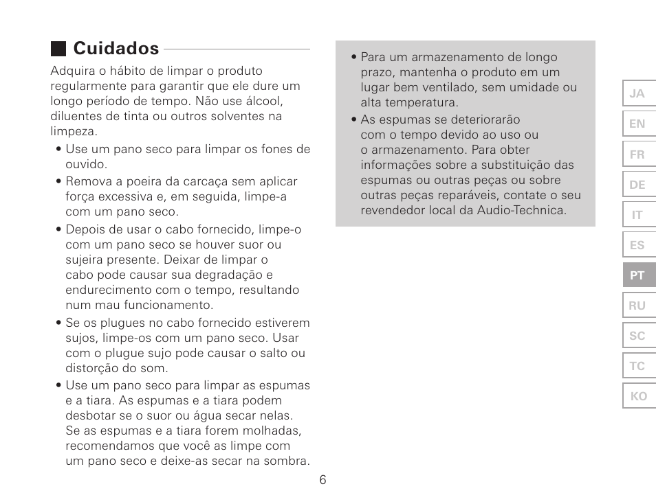 Cuidados | Audio-Technica ATH-AWKT Audiophile Closed-Back Dynamic Wooden Headphones (Striped Ebony) User Manual | Page 57 / 94