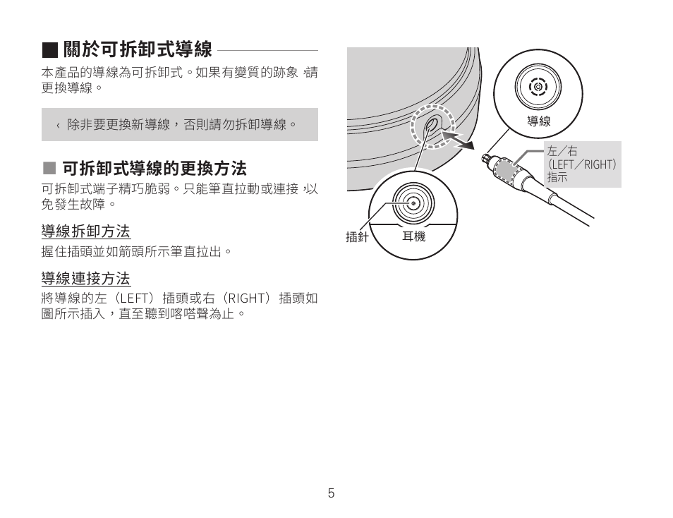 關於可拆卸式導線, 可拆卸式導線的更換方法 | Audio-Technica ATH-AWKT Audiophile Closed-Back Dynamic Wooden Headphones (Striped Ebony) User Manual | Page 80 / 94