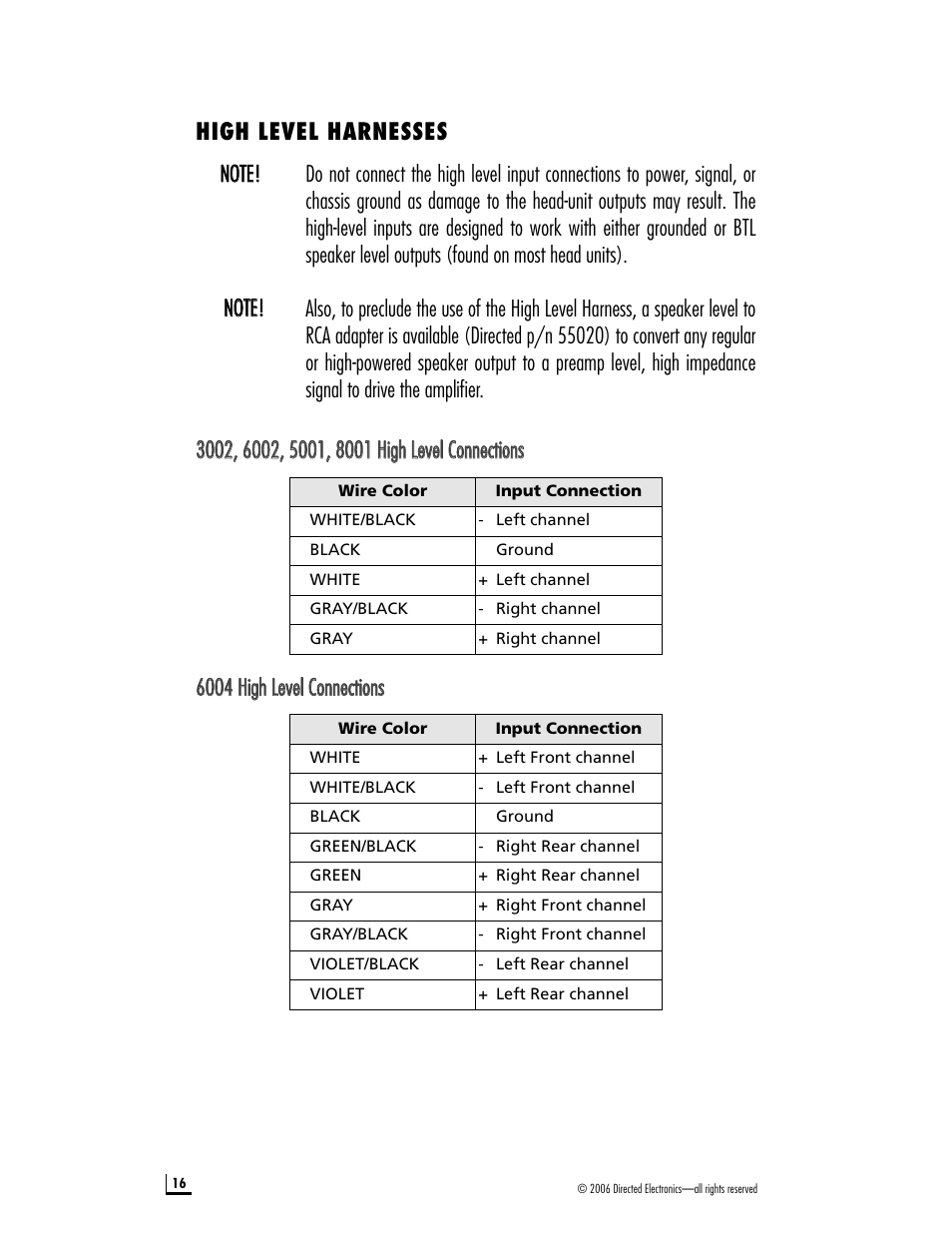 High level harnesses | Directed Electronics XA-6004 User Manual | Page 16 / 20