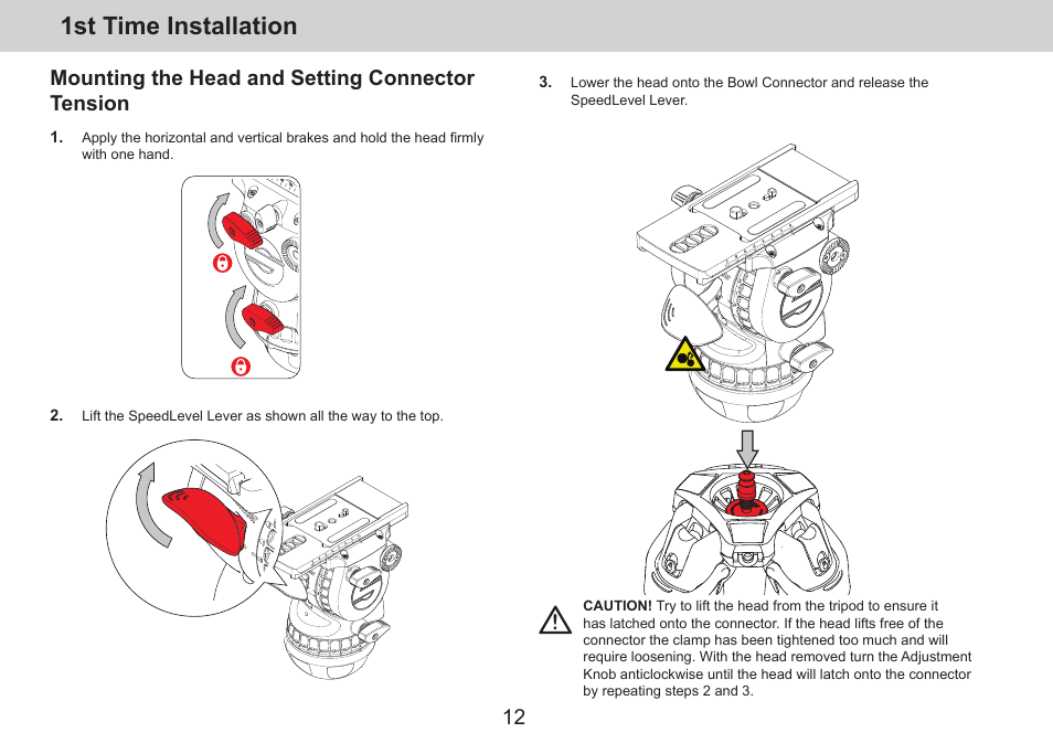 1st time installation, Mounting the head and setting connector tension | Sachtler aktiv14T Touch & Go Fluid Head with SpeedLevel & 7-Step Drag (100mm) User Manual | Page 14 / 36