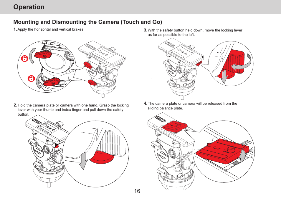 Operation, Mounting and dismounting the camera (touch and go) | Sachtler aktiv14T Touch & Go Fluid Head with SpeedLevel & 7-Step Drag (100mm) User Manual | Page 18 / 36