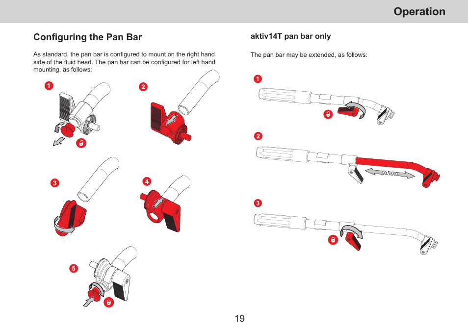 Operation, Configuring the pan bar | Sachtler aktiv14T Touch & Go Fluid Head with SpeedLevel & 7-Step Drag (100mm) User Manual | Page 21 / 36