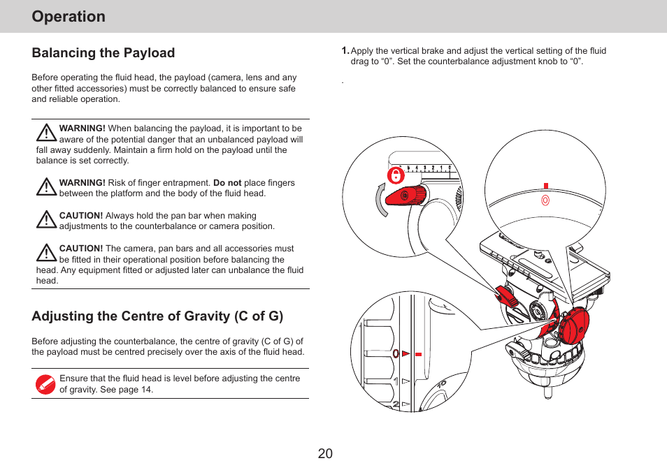 Operation, Balancing the payload, Adjusting the centre of gravity (c of g) | Sachtler aktiv14T Touch & Go Fluid Head with SpeedLevel & 7-Step Drag (100mm) User Manual | Page 22 / 36