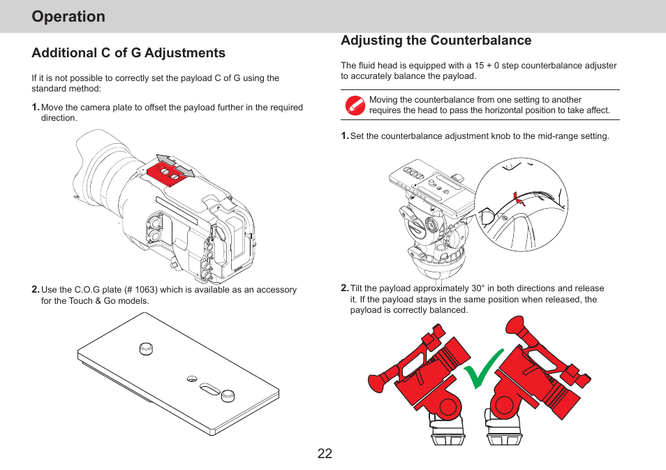 Operation, Additional c of g adjustments, Adjusting the counterbalance | Sachtler aktiv14T Touch & Go Fluid Head with SpeedLevel & 7-Step Drag (100mm) User Manual | Page 24 / 36