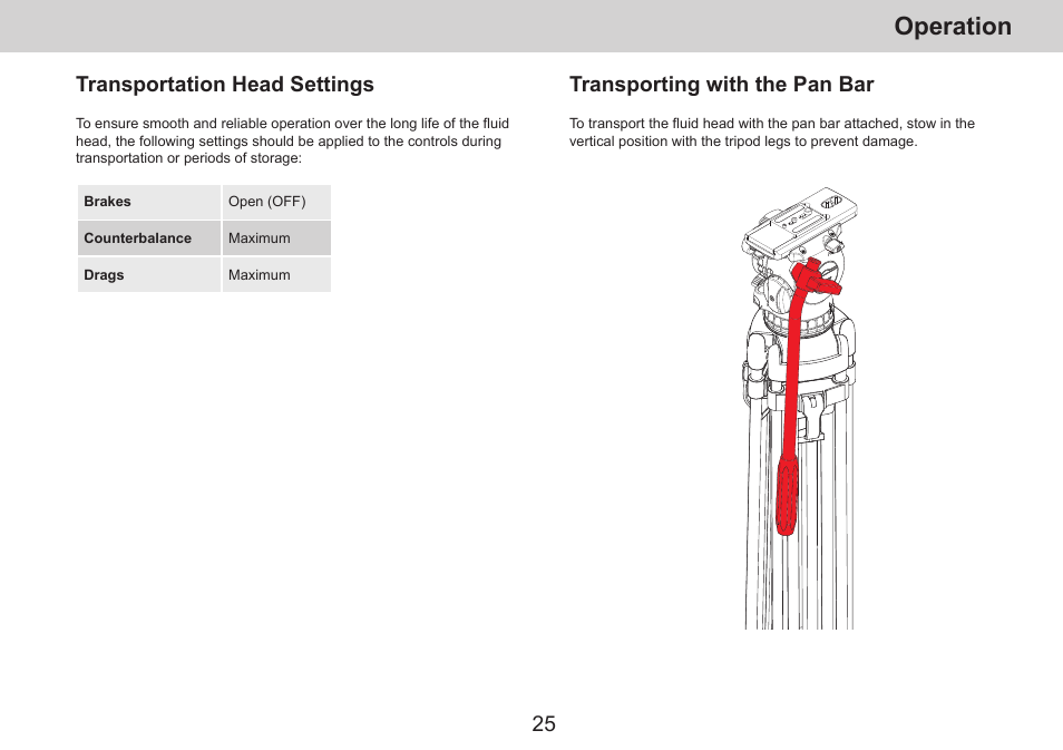 Operation, Transportation head settings, Transporting with the pan bar | Sachtler aktiv14T Touch & Go Fluid Head with SpeedLevel & 7-Step Drag (100mm) User Manual | Page 27 / 36
