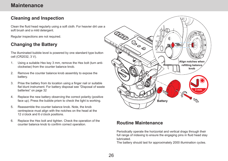 Maintenance, Cleaning and inspection, Changing the battery | Routine maintenance | Sachtler aktiv14T Touch & Go Fluid Head with SpeedLevel & 7-Step Drag (100mm) User Manual | Page 28 / 36