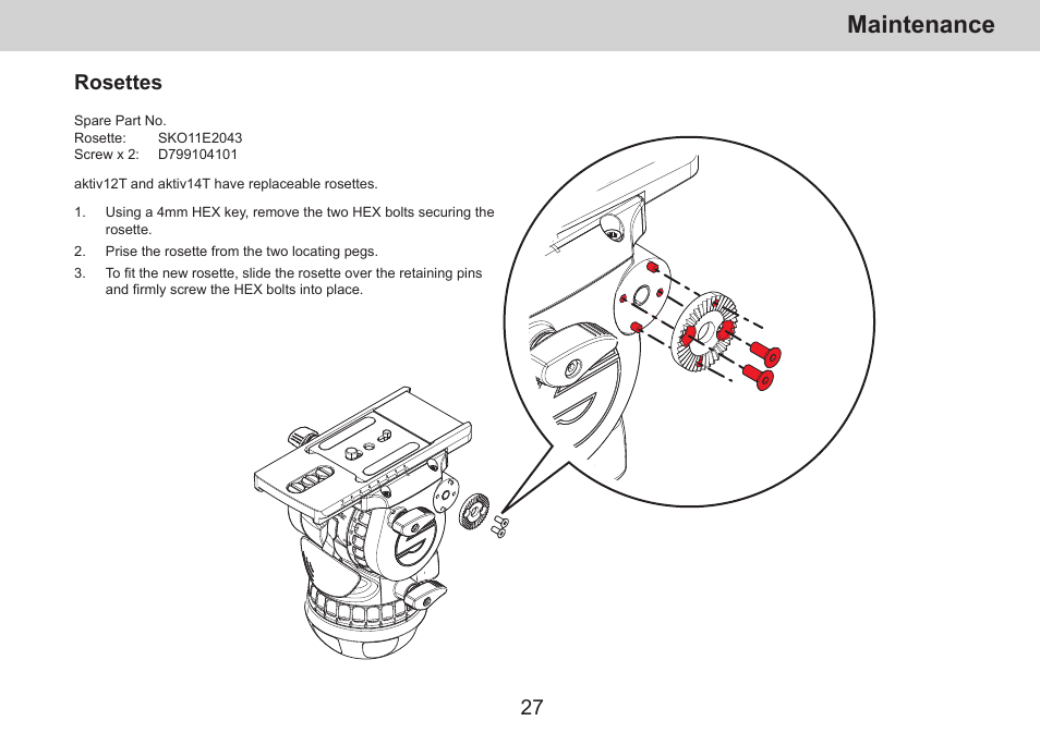 Maintenance, Rosettes | Sachtler aktiv14T Touch & Go Fluid Head with SpeedLevel & 7-Step Drag (100mm) User Manual | Page 29 / 36
