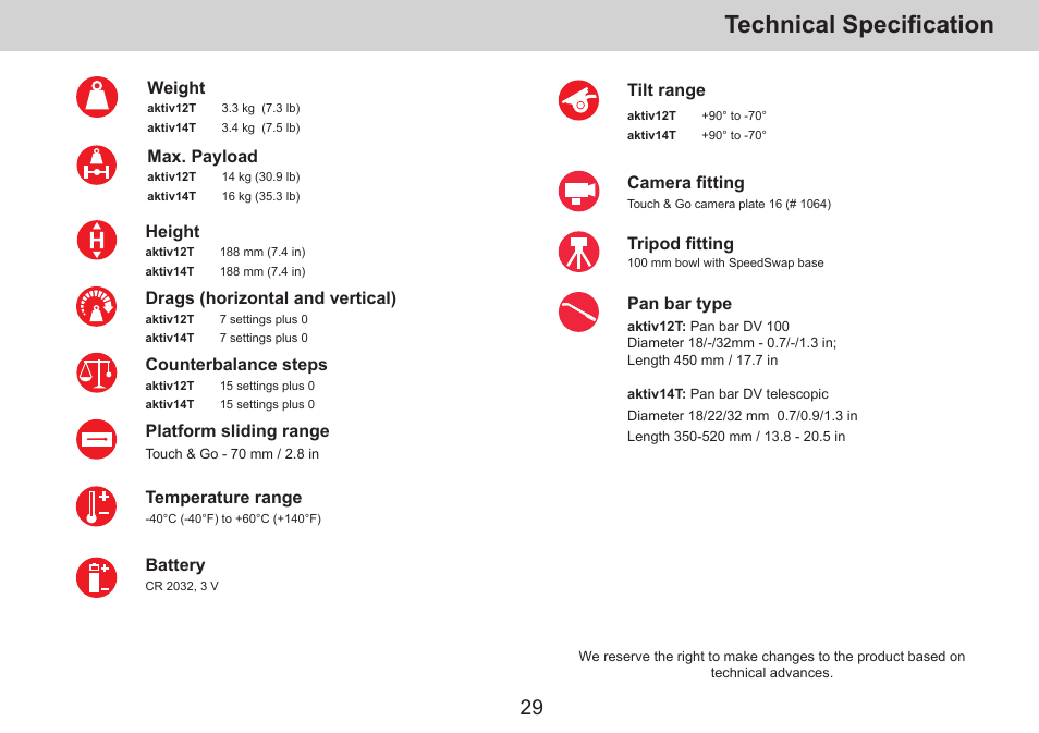 Technical specification, Height, Drags (horizontal and vertical) | Counterbalance steps, Platform sliding range, Temperature range, Battery, Weight, Max . payload, Tilt range | Sachtler aktiv14T Touch & Go Fluid Head with SpeedLevel & 7-Step Drag (100mm) User Manual | Page 31 / 36