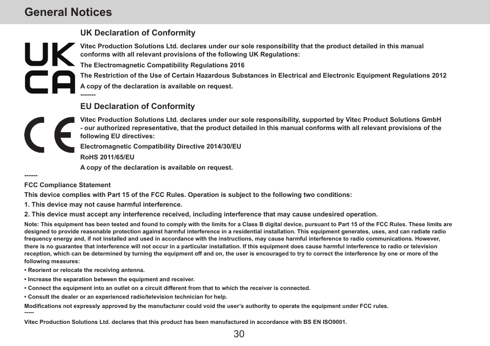 General notices, Uk declaration of conformity, Eu declaration of conformity | Sachtler aktiv14T Touch & Go Fluid Head with SpeedLevel & 7-Step Drag (100mm) User Manual | Page 32 / 36