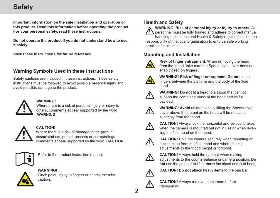 Safety | Sachtler aktiv14T Touch & Go Fluid Head with SpeedLevel & 7-Step Drag (100mm) User Manual | Page 4 / 36