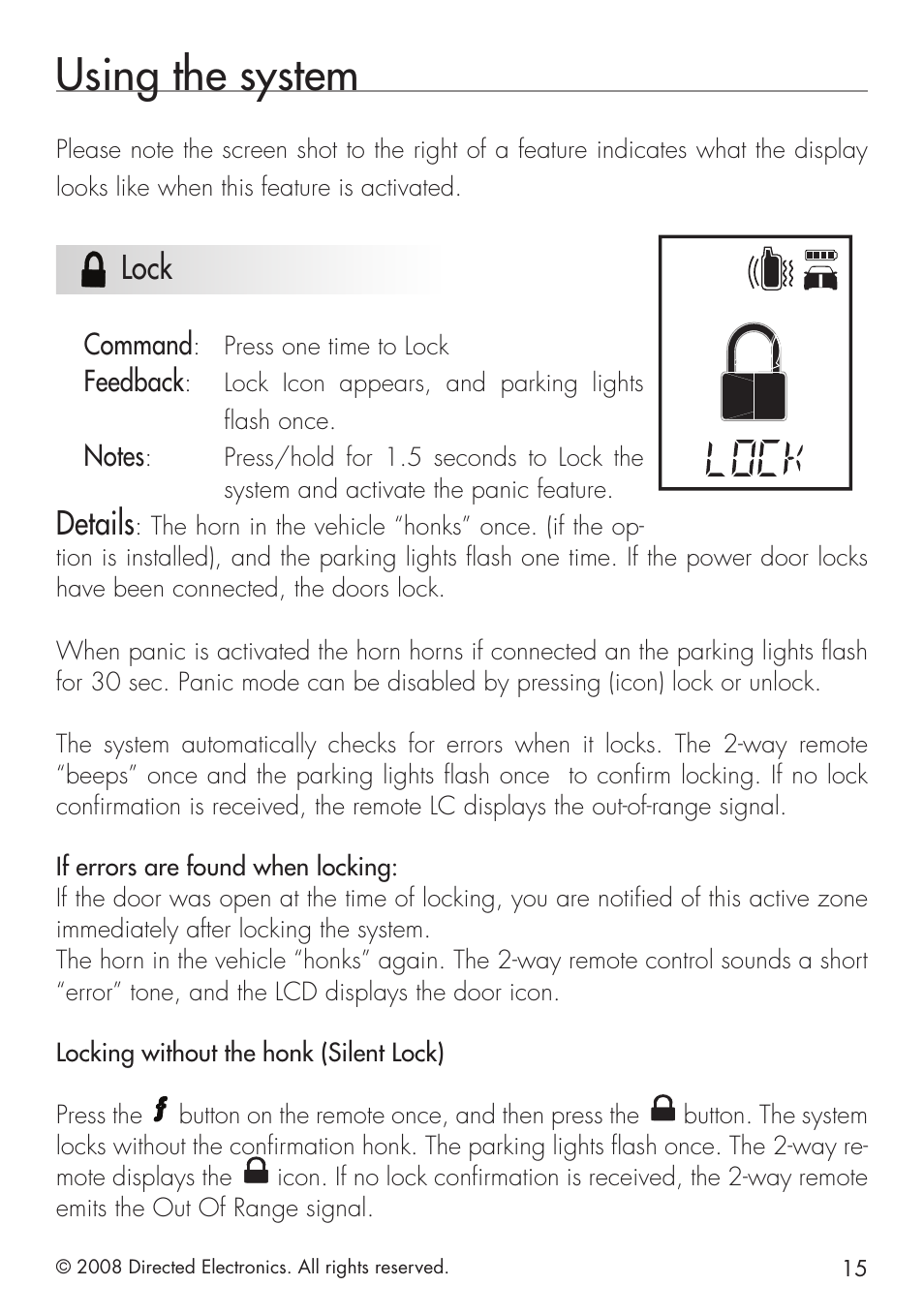 Using the system, Lock, Details | Command, Feedback | Directed Electronics 951 User Manual | Page 15 / 48