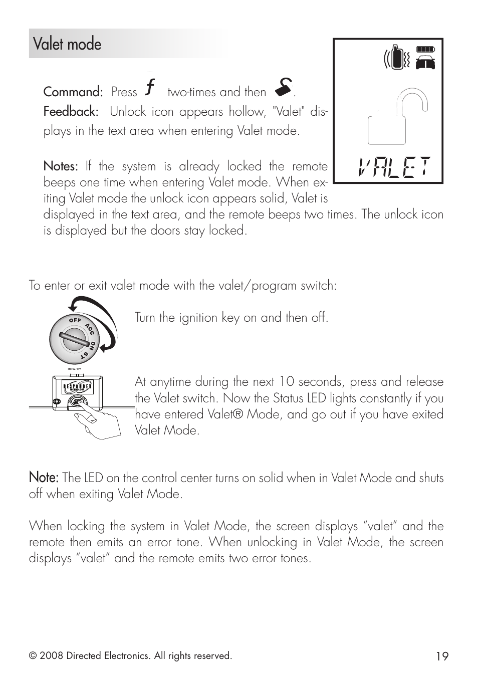 Valet mode, Command: press, Two-times and then | 2008 directed electronics. all rights reserved | Directed Electronics 951 User Manual | Page 19 / 48