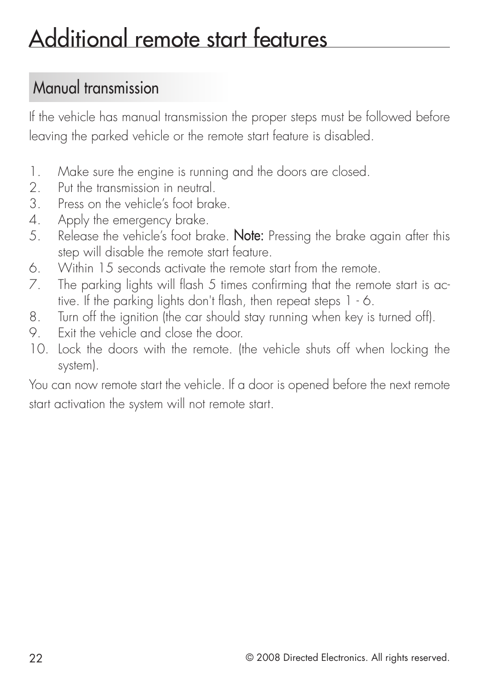 Additional remote start features, Manual transmission | Directed Electronics 951 User Manual | Page 22 / 48