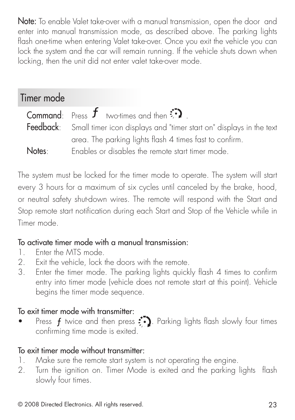 Timer mode, Command, Feedback | Directed Electronics 951 User Manual | Page 23 / 48