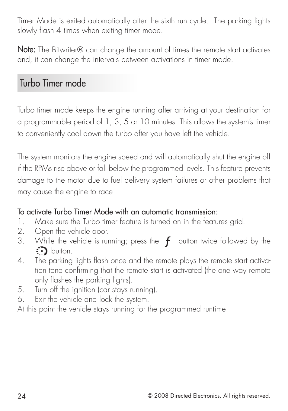 Turbo timer mode | Directed Electronics 951 User Manual | Page 24 / 48