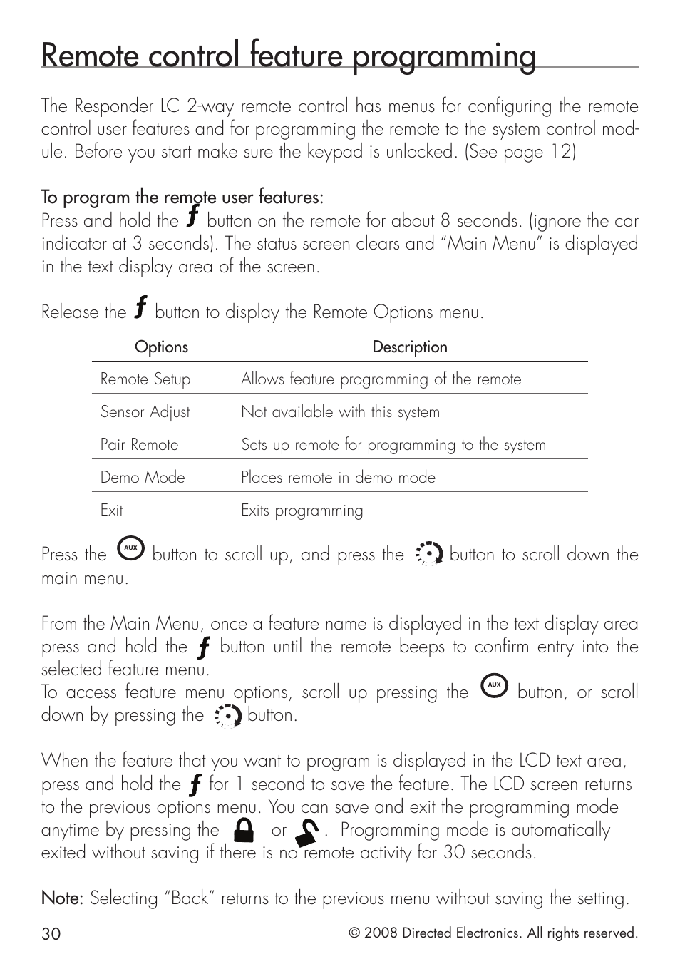 Remote control feature programming, Button to display the remote options menu, Press the | Button to scroll up, and press the, Button, or scroll down by pressing the | Directed Electronics 951 User Manual | Page 30 / 48