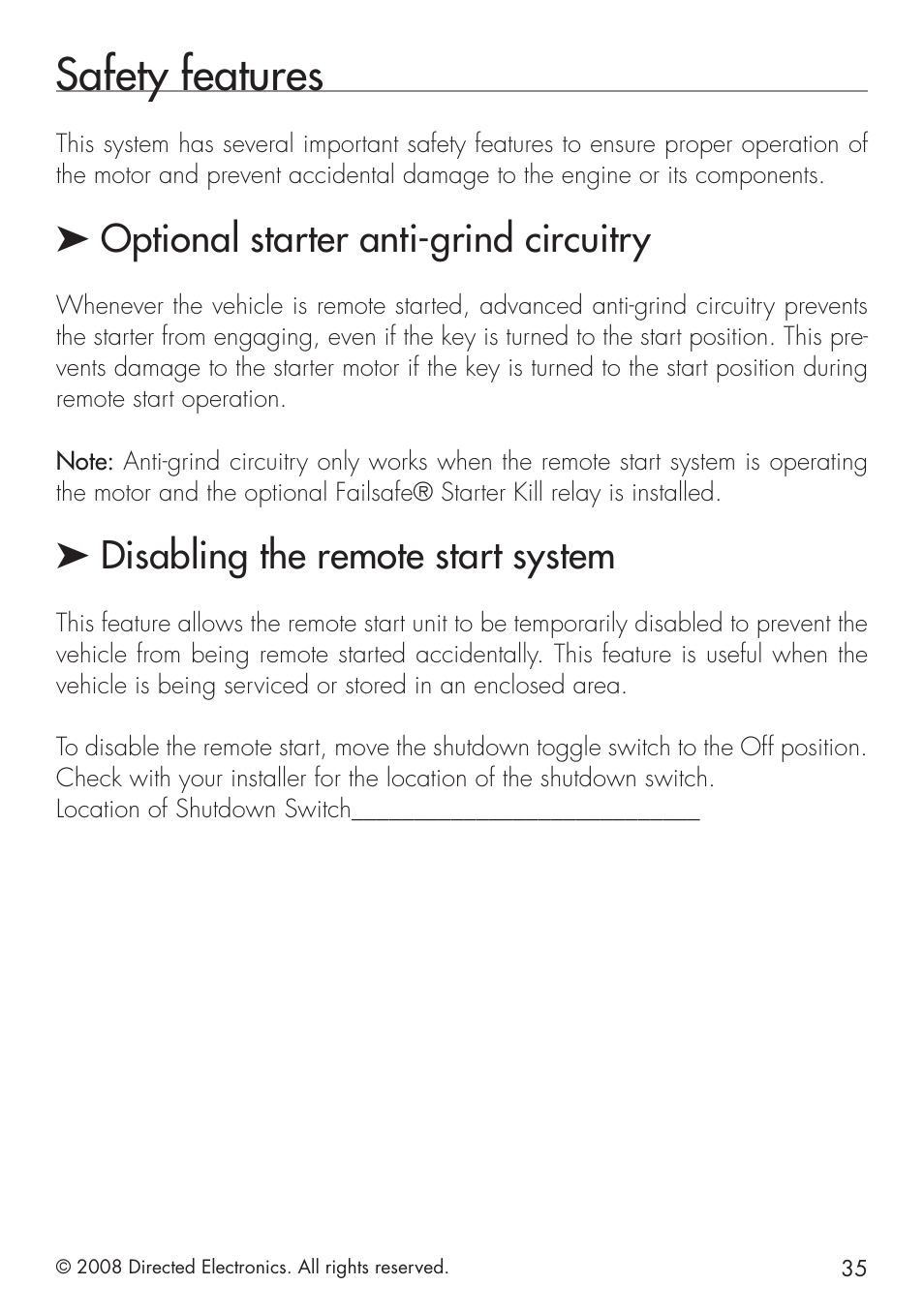 Safety features, Optional starter anti-grind circuitry, Disabling the remote start system | Directed Electronics 951 User Manual | Page 35 / 48