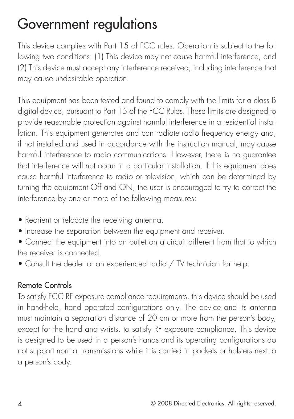 Government regulations | Directed Electronics 951 User Manual | Page 4 / 48