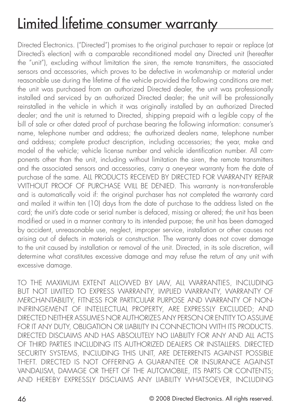 Limited lifetime consumer warranty | Directed Electronics 951 User Manual | Page 46 / 48