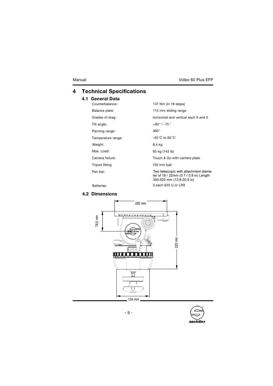 4technical specifications | Sachtler Video 60 Plus EFP Fluid Head (150mm Ball Base) - Supports 35-145 lbs User Manual | Page 15 / 36