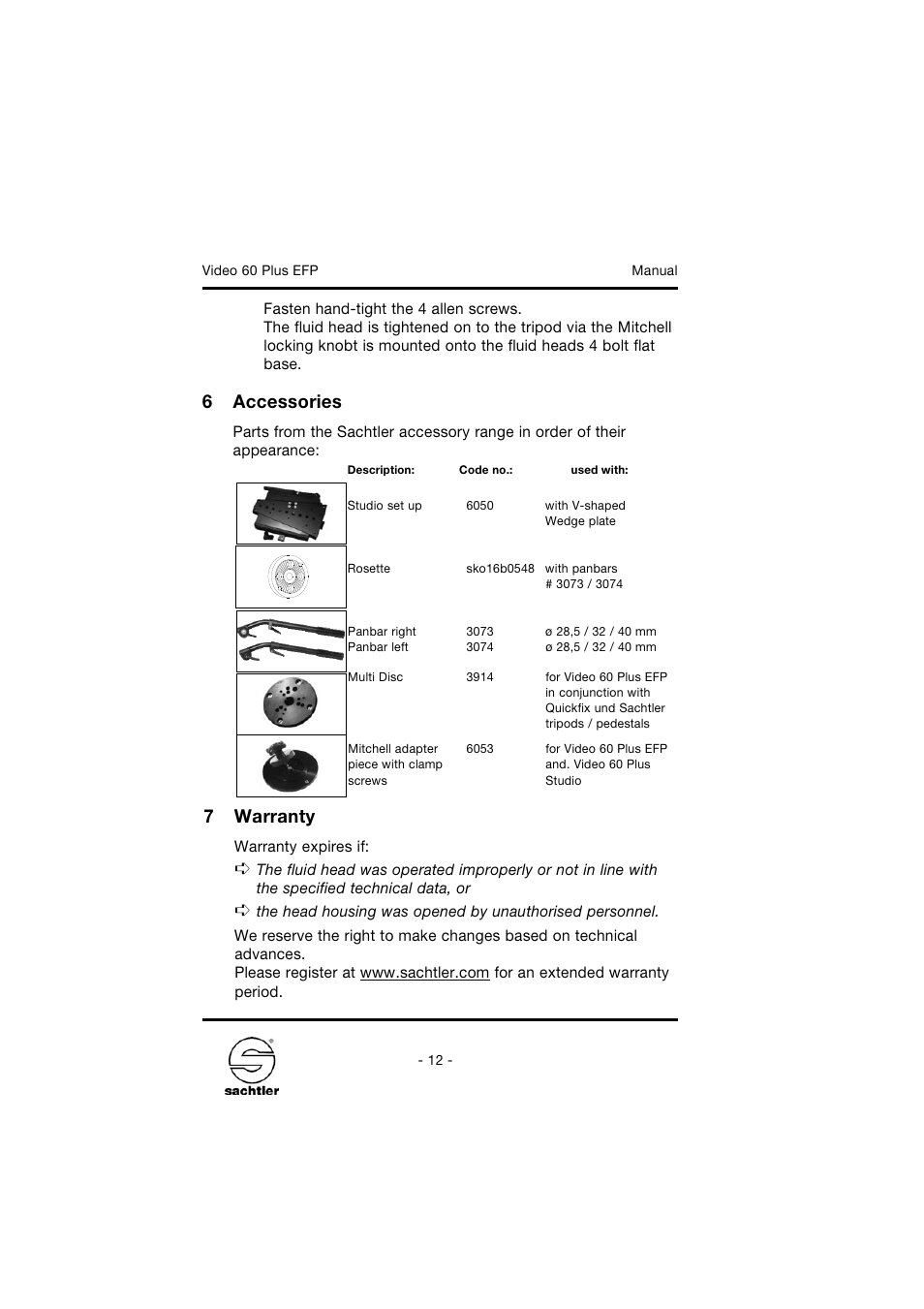 6accessories, 7warranty | Sachtler Video 60 Plus EFP Fluid Head (150mm Ball Base) - Supports 35-145 lbs User Manual | Page 18 / 36
