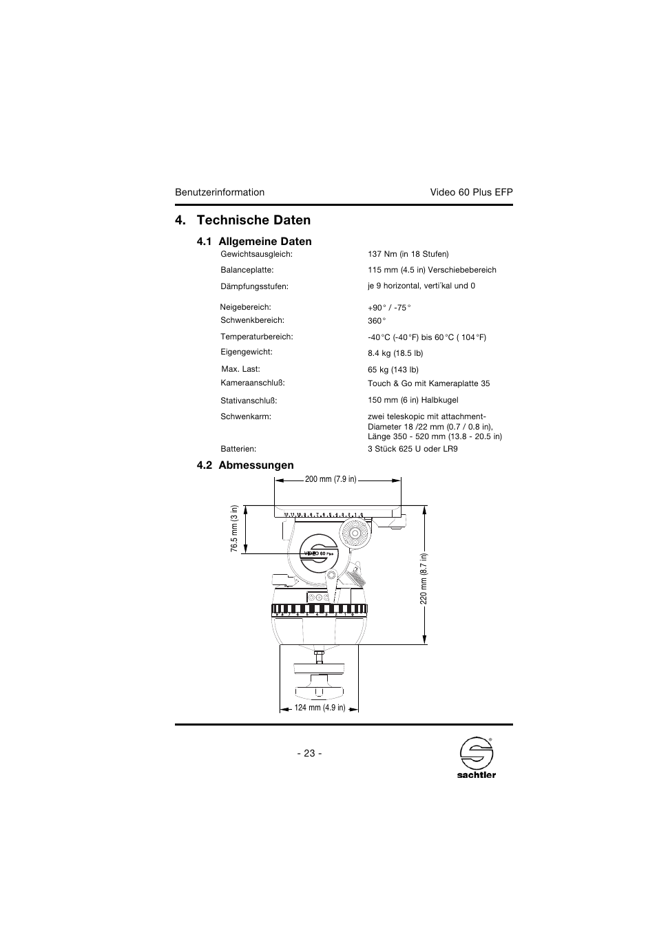 Technische daten | Sachtler Video 60 Plus EFP Fluid Head (150mm Ball Base) - Supports 35-145 lbs User Manual | Page 29 / 36