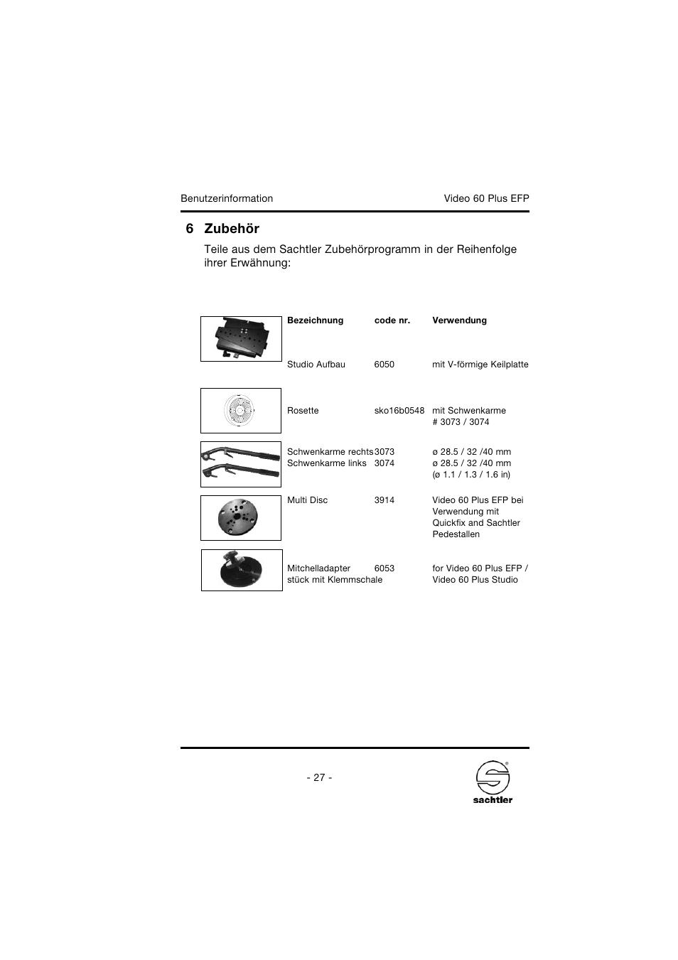 6 zubehör | Sachtler Video 60 Plus EFP Fluid Head (150mm Ball Base) - Supports 35-145 lbs User Manual | Page 33 / 36
