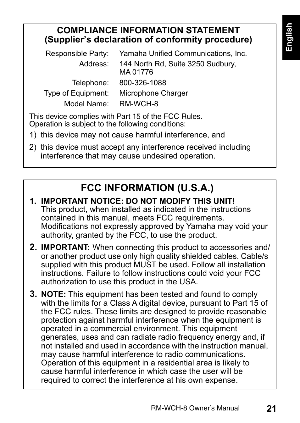 Fcc information (u.s.a.) | Yamaha RM-WCH8 ADECIA Microphone Charger Base for Eight RM Wireless DECT Microphones (1.9 GHz) User Manual | Page 21 / 136