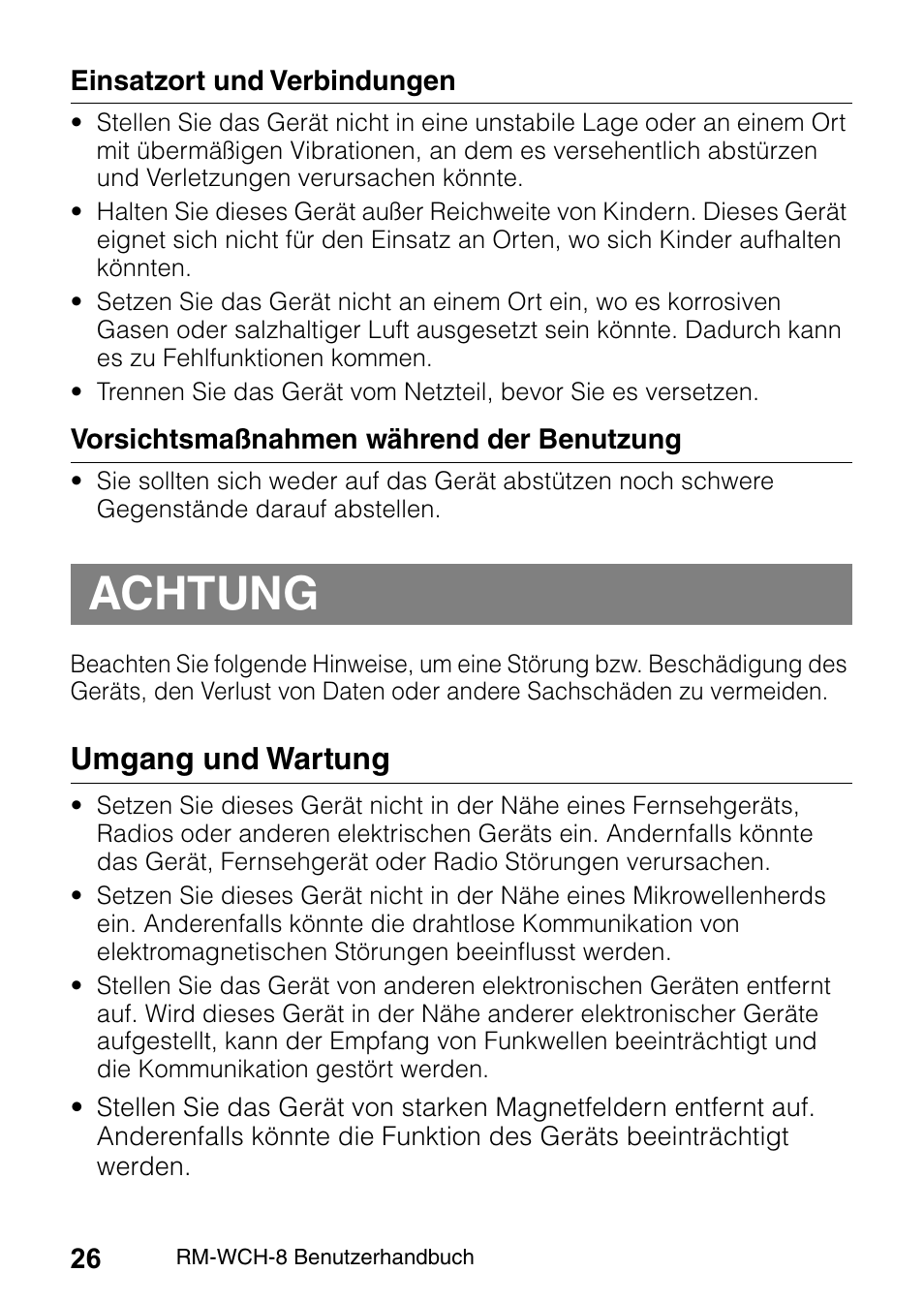 Achtung, Umgang und wartung | Yamaha RM-WCH8 ADECIA Microphone Charger Base for Eight RM Wireless DECT Microphones (1.9 GHz) User Manual | Page 26 / 136