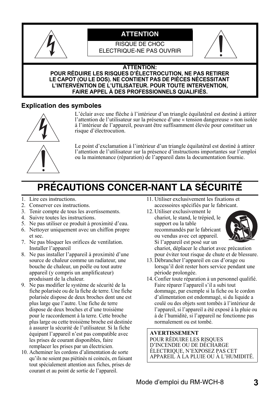 Précautions concer-nant la sécurité | Yamaha RM-WCH8 ADECIA Microphone Charger Base for Eight RM Wireless DECT Microphones (1.9 GHz) User Manual | Page 3 / 136