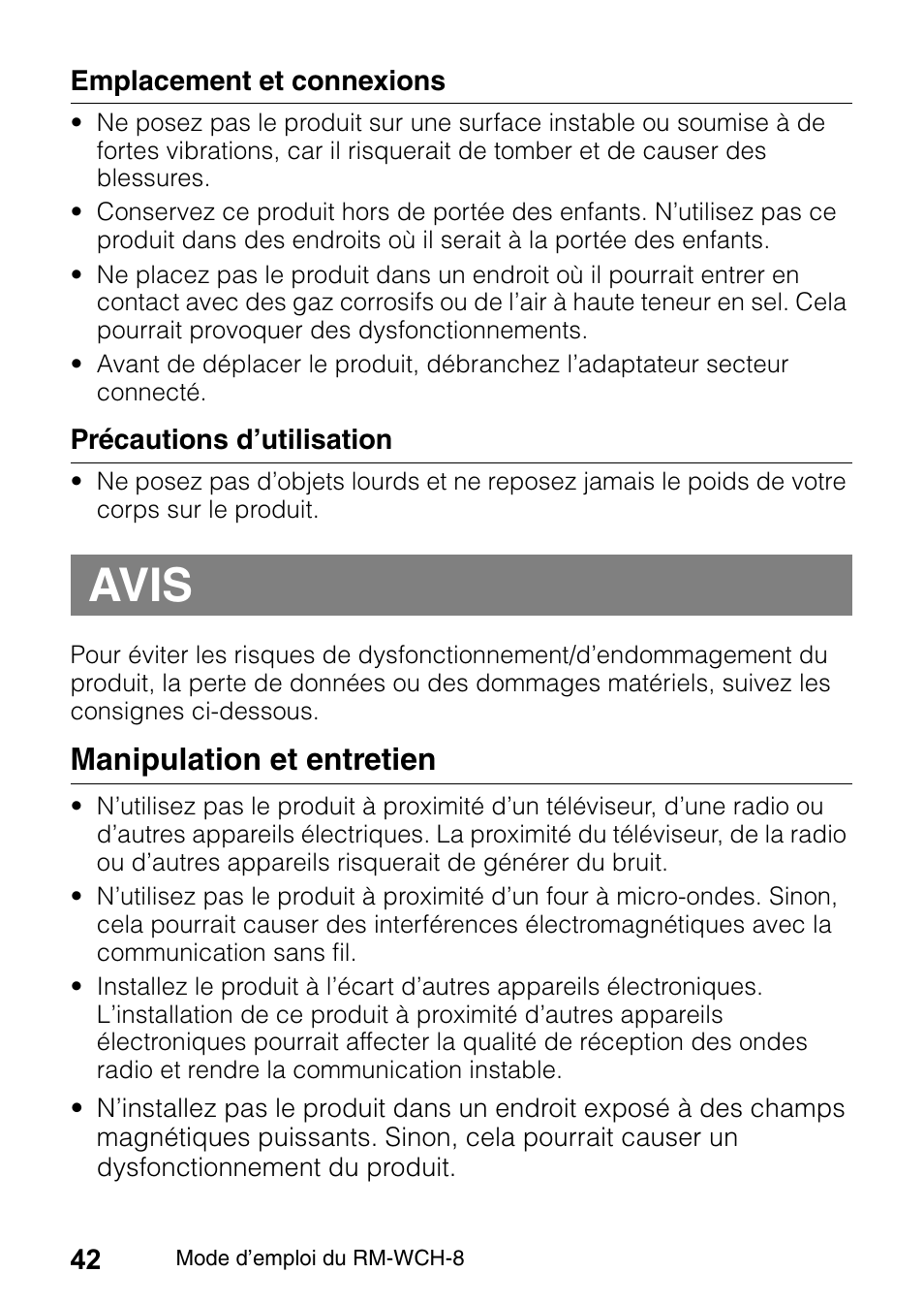 Avis, Manipulation et entretien | Yamaha RM-WCH8 ADECIA Microphone Charger Base for Eight RM Wireless DECT Microphones (1.9 GHz) User Manual | Page 42 / 136