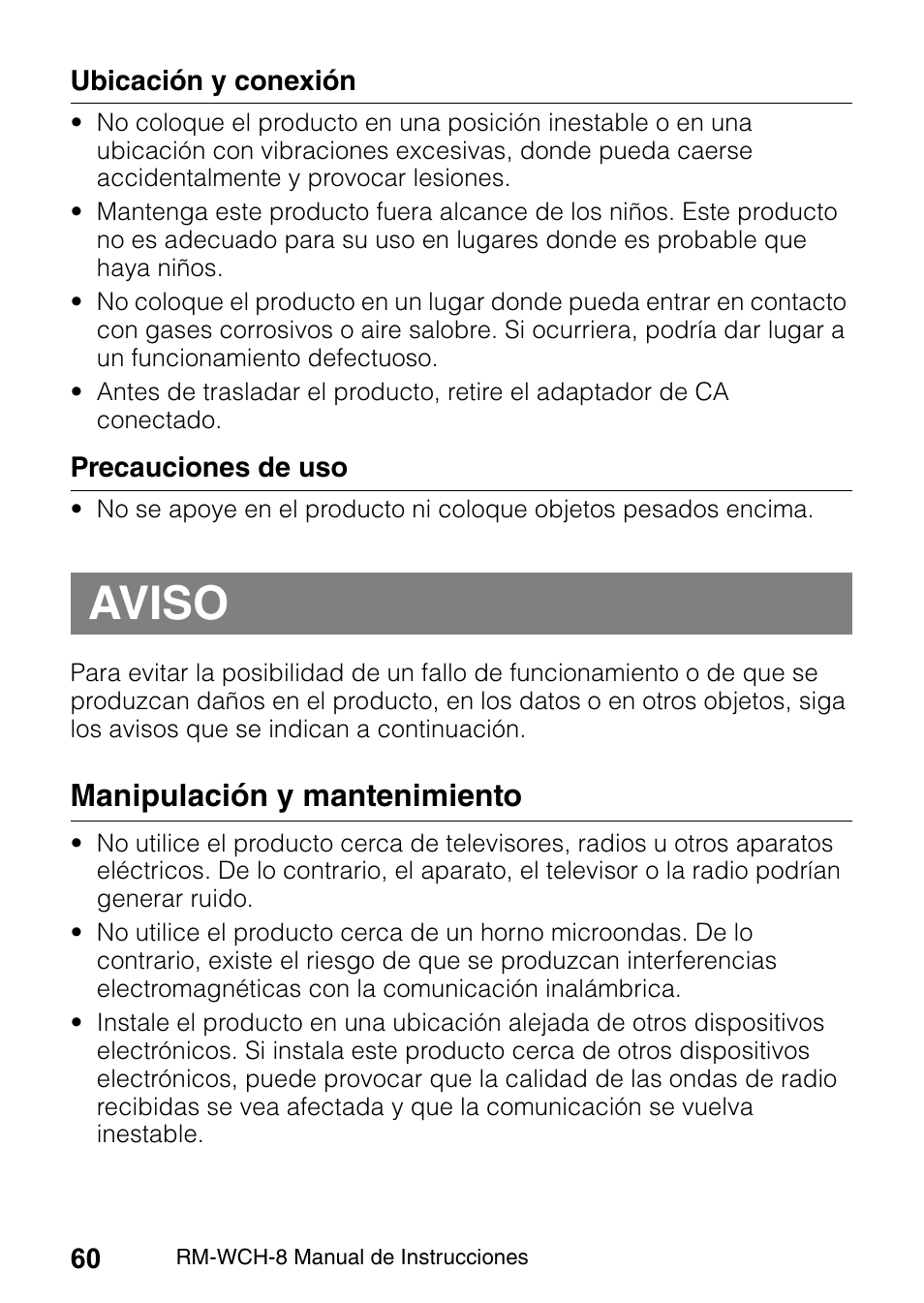 Aviso, Manipulación y mantenimiento | Yamaha RM-WCH8 ADECIA Microphone Charger Base for Eight RM Wireless DECT Microphones (1.9 GHz) User Manual | Page 60 / 136