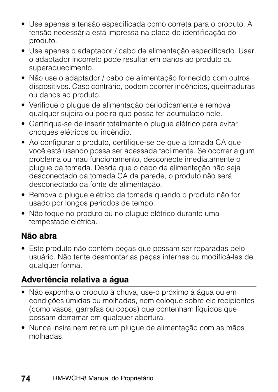 Não abra, Advertência relativa a água | Yamaha RM-WCH8 ADECIA Microphone Charger Base for Eight RM Wireless DECT Microphones (1.9 GHz) User Manual | Page 74 / 136