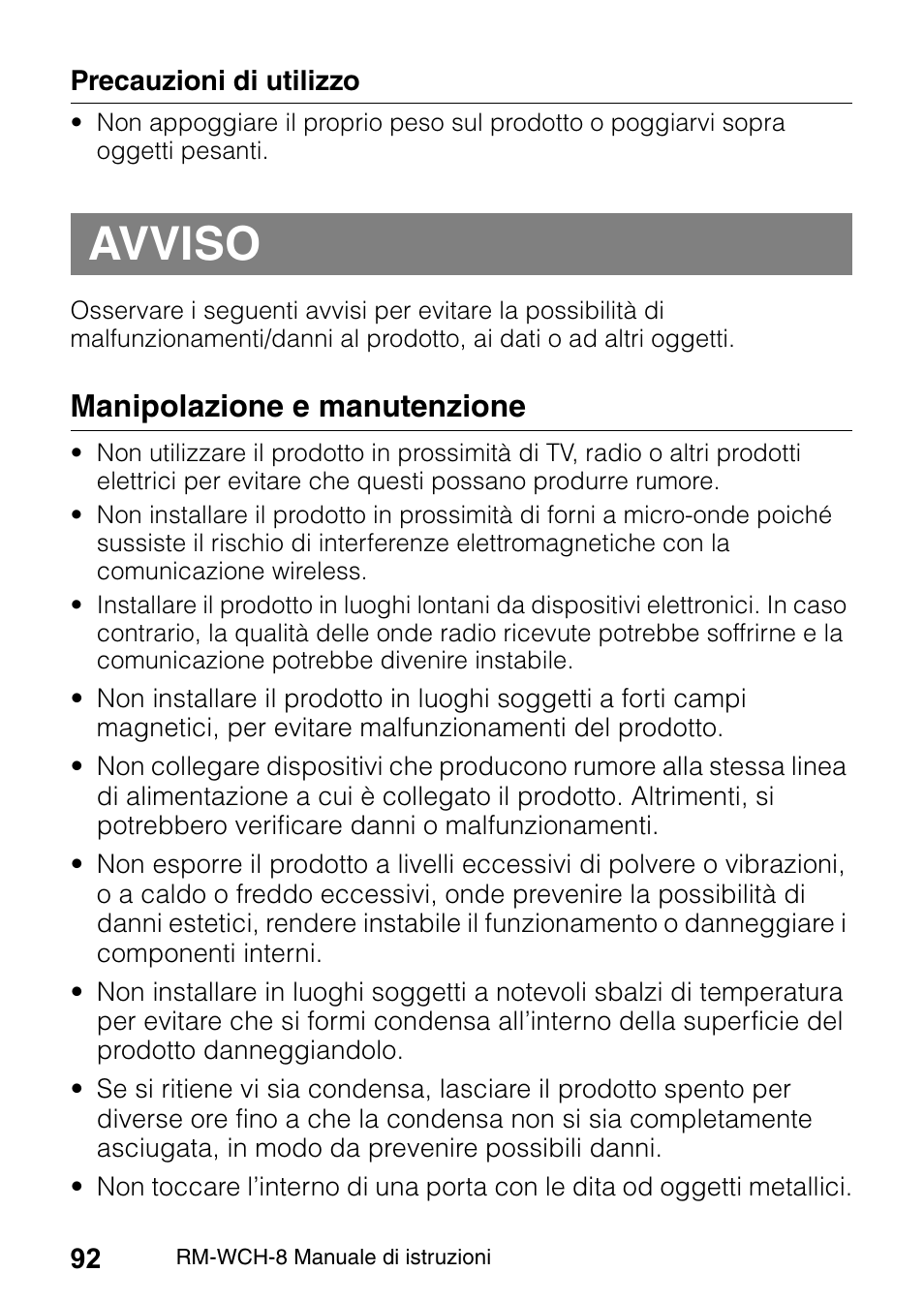 Avviso, Manipolazione e manutenzione | Yamaha RM-WCH8 ADECIA Microphone Charger Base for Eight RM Wireless DECT Microphones (1.9 GHz) User Manual | Page 92 / 136