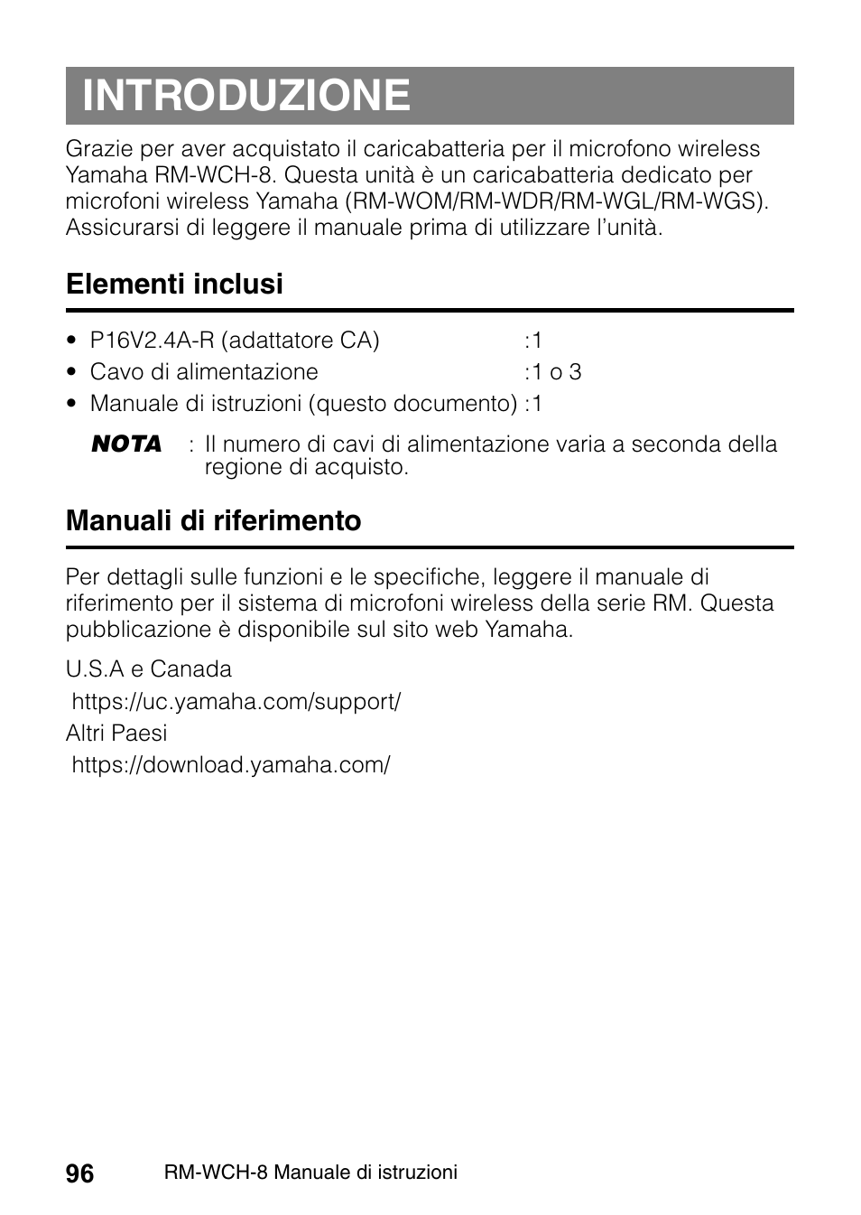 Introduzione, Elementi inclusi, Manuali di riferimento | Yamaha RM-WCH8 ADECIA Microphone Charger Base for Eight RM Wireless DECT Microphones (1.9 GHz) User Manual | Page 96 / 136