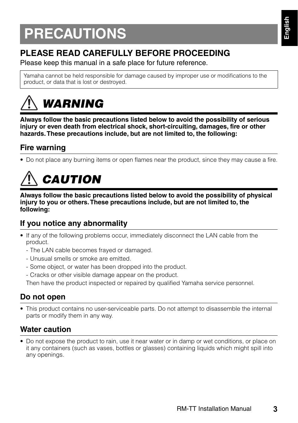 Precautions, Warning, Caution | Please read carefully before proceeding | Yamaha ADECIA RM-TT Wired Tabletop Array Microphone (Black) User Manual | Page 3 / 184