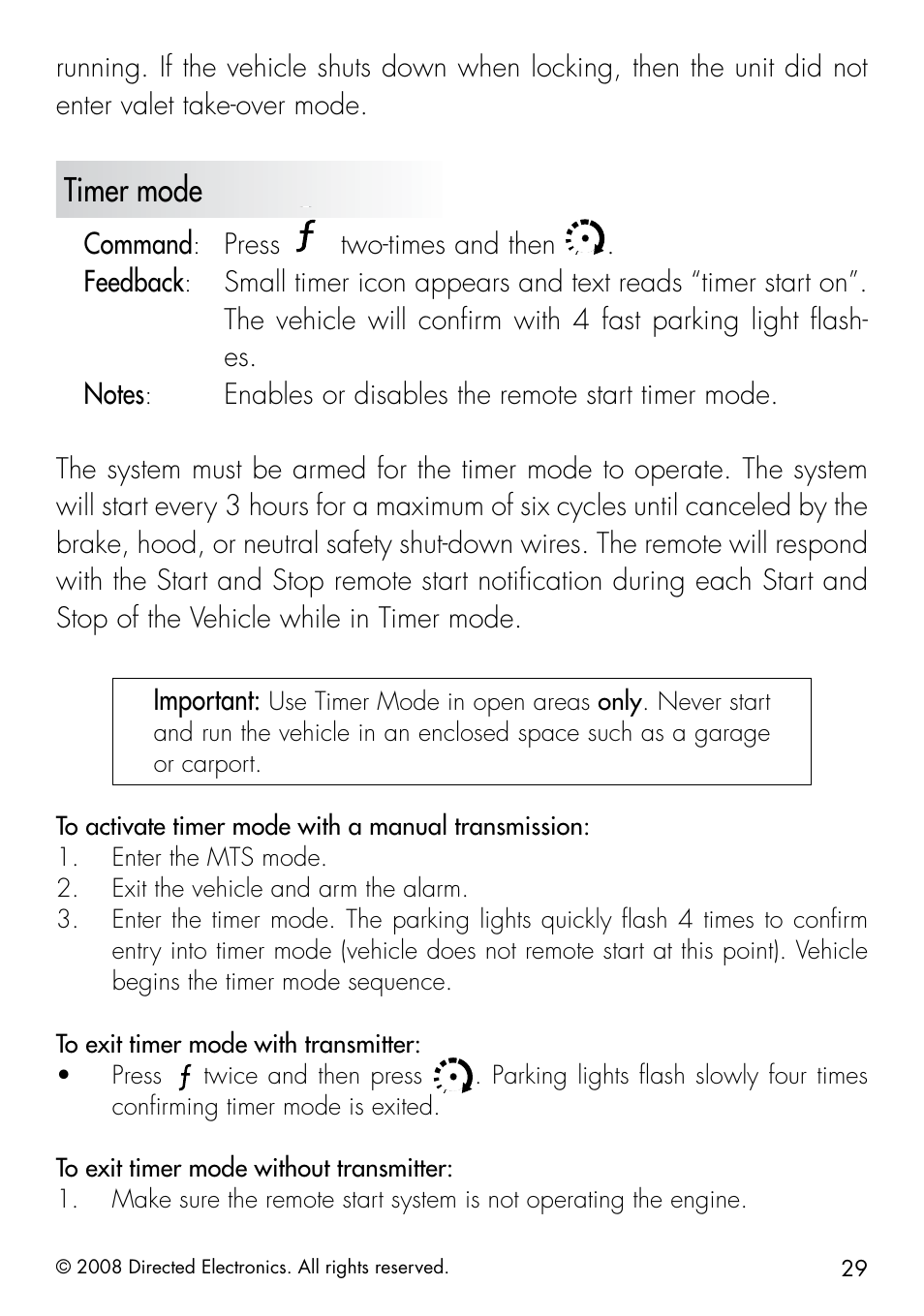 Timer mode, Command, Press | Two-times and then, Feedback | Directed Electronics 50.7X User Manual | Page 29 / 60