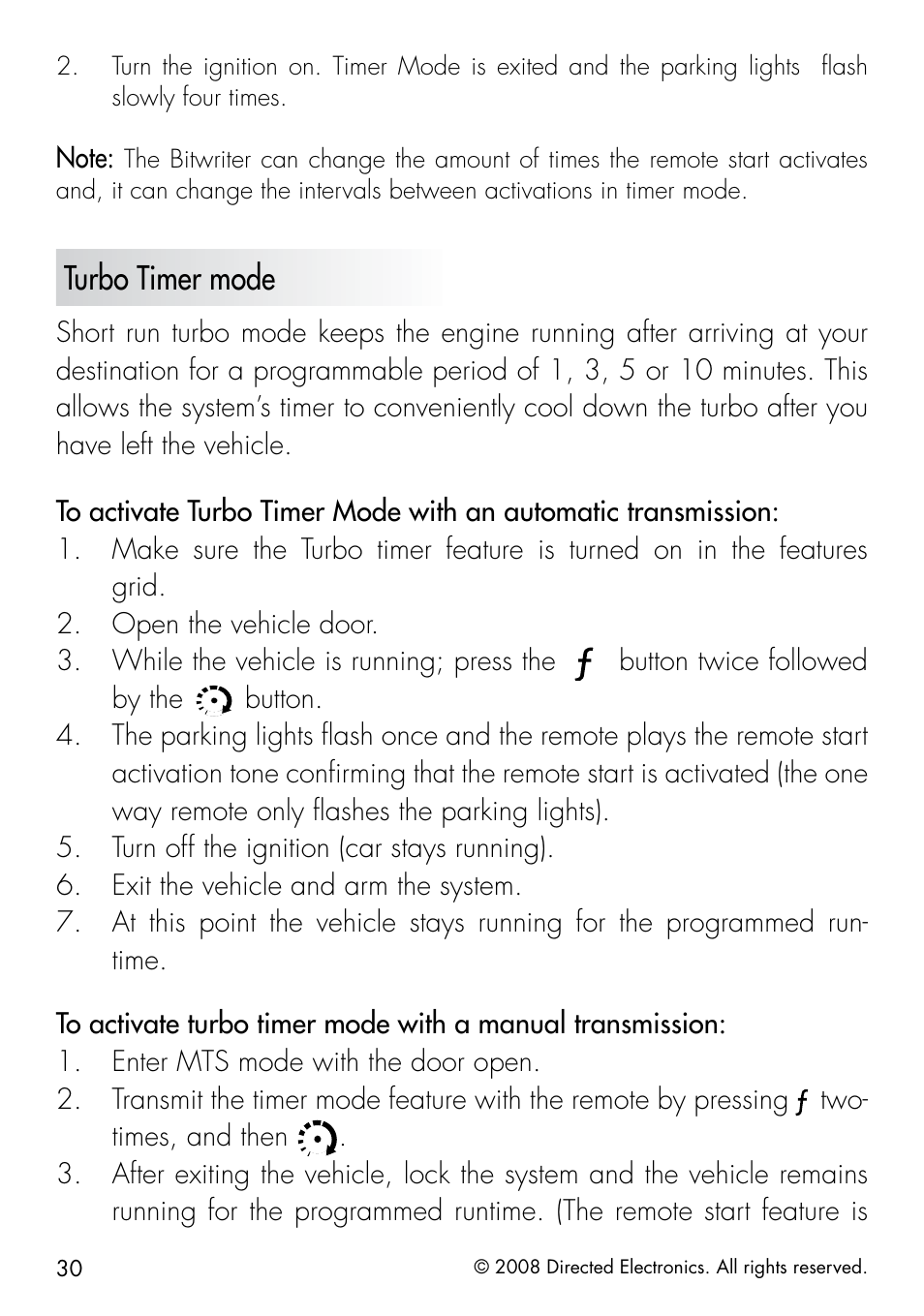 Turbo timer mode | Directed Electronics 50.7X User Manual | Page 30 / 60