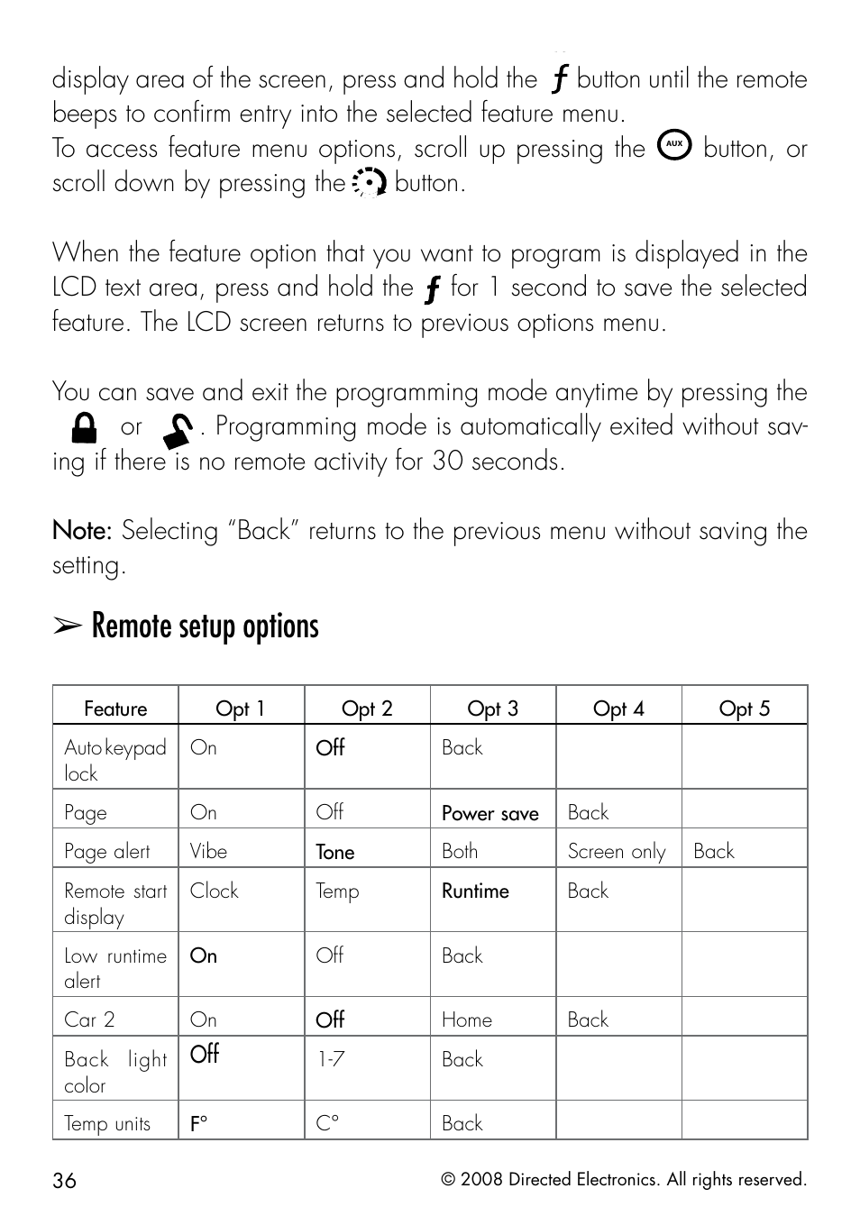 Remote setup options, Display area of the screen, press and hold the, Button, or scroll down by pressing the | Directed Electronics 50.7X User Manual | Page 36 / 60