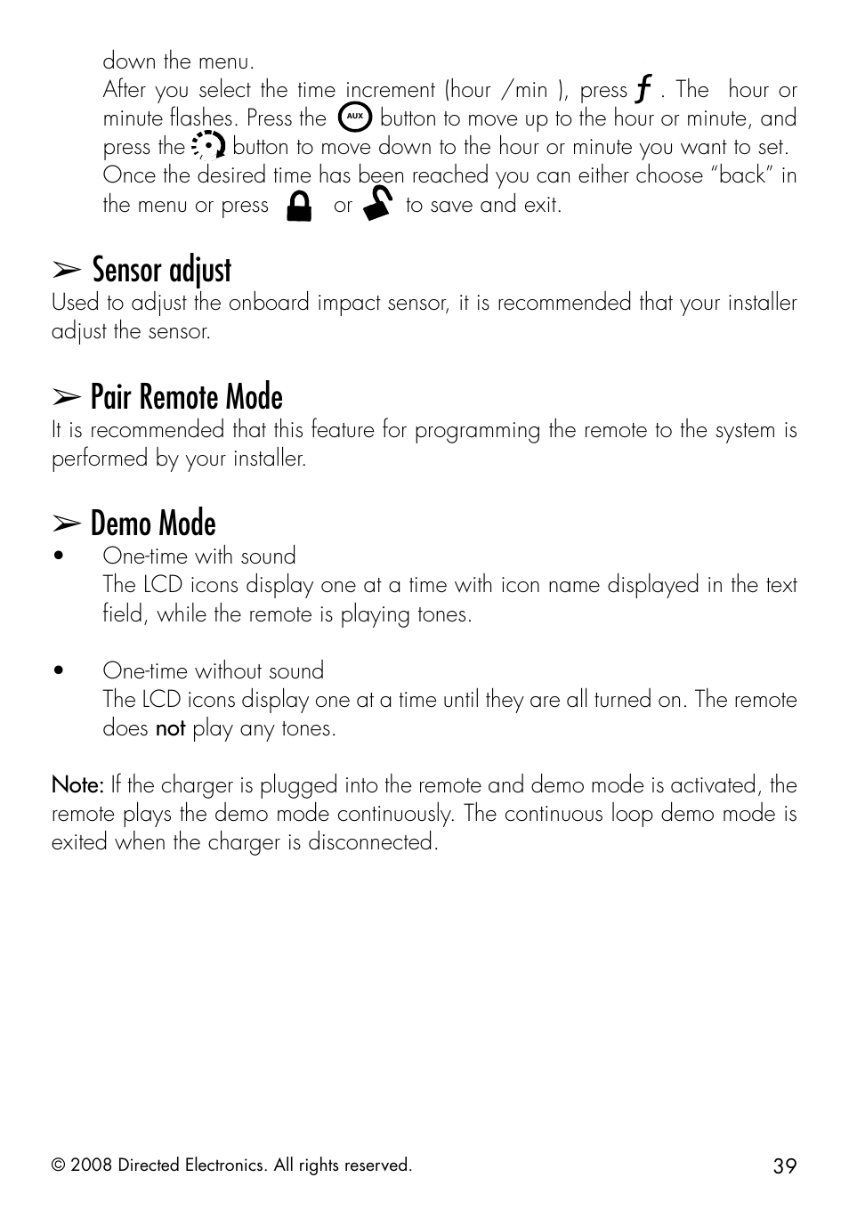 Sensor adjust, Pair remote mode, Demo mode | Directed Electronics 50.7X User Manual | Page 39 / 60