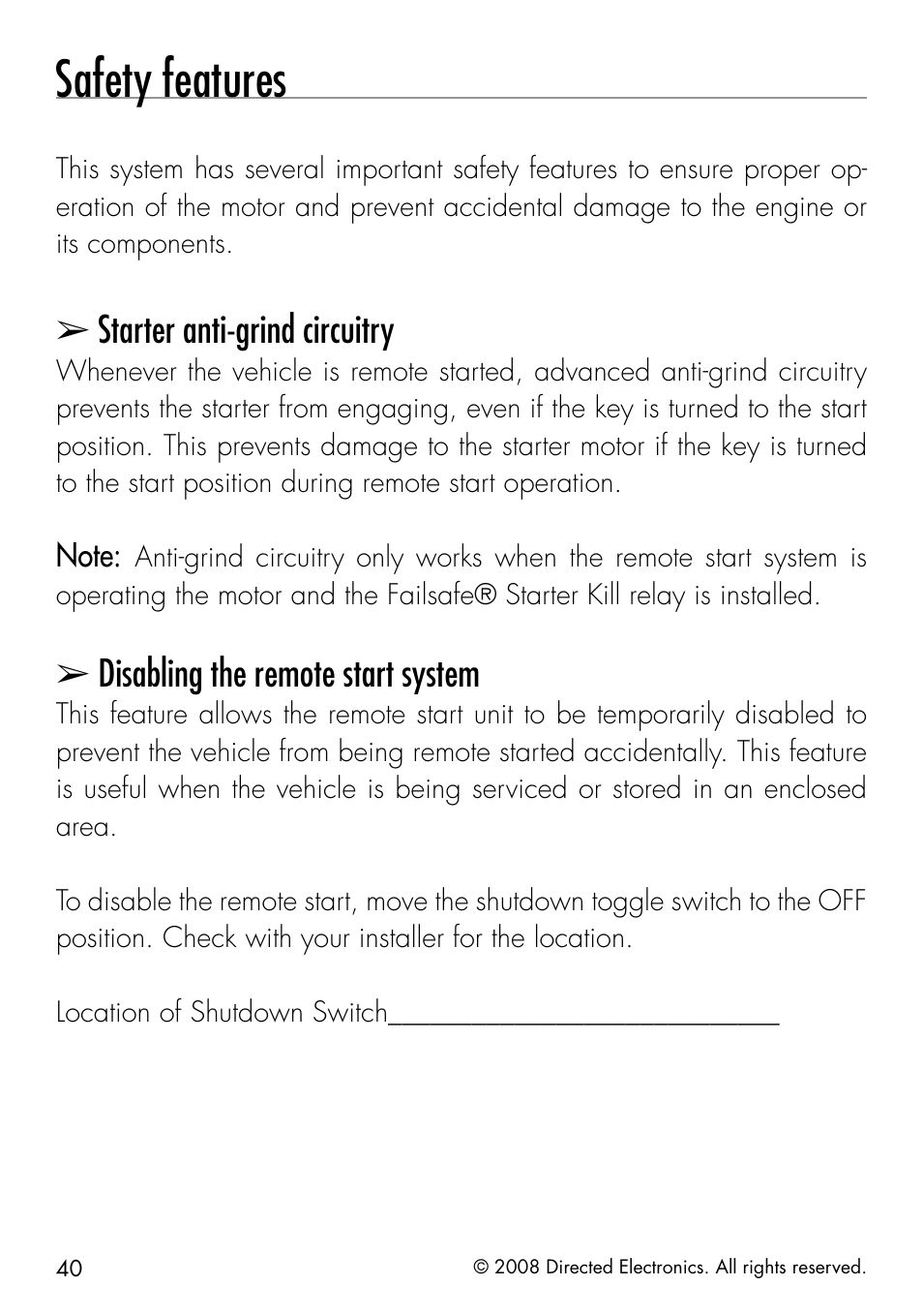 Safety features, Starter anti-grind circuitry, Disabling the remote start system | Directed Electronics 50.7X User Manual | Page 40 / 60