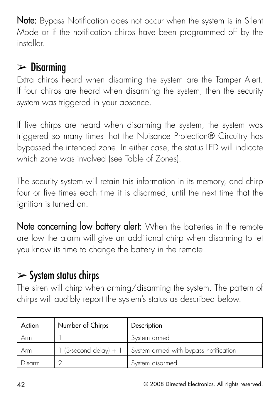 Disarming, System status chirps | Directed Electronics 50.7X User Manual | Page 42 / 60