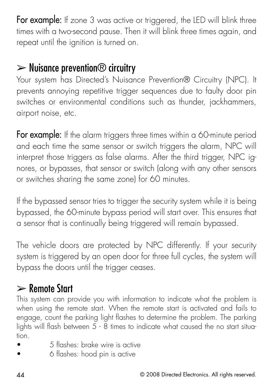 Nuisance prevention® circuitry, Remote start, For example | Directed Electronics 50.7X User Manual | Page 44 / 60